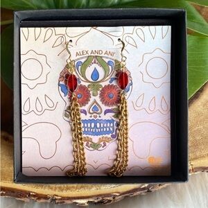 Alex and Ani Gold Chain Drop Earrings with Red Gemdrops